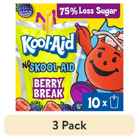 (3 pack) Kool-Aid No Skool-Aid Berry Break Artificially Flavored Drink, 10 Ct Box, 6 oz Pouches, Liquids