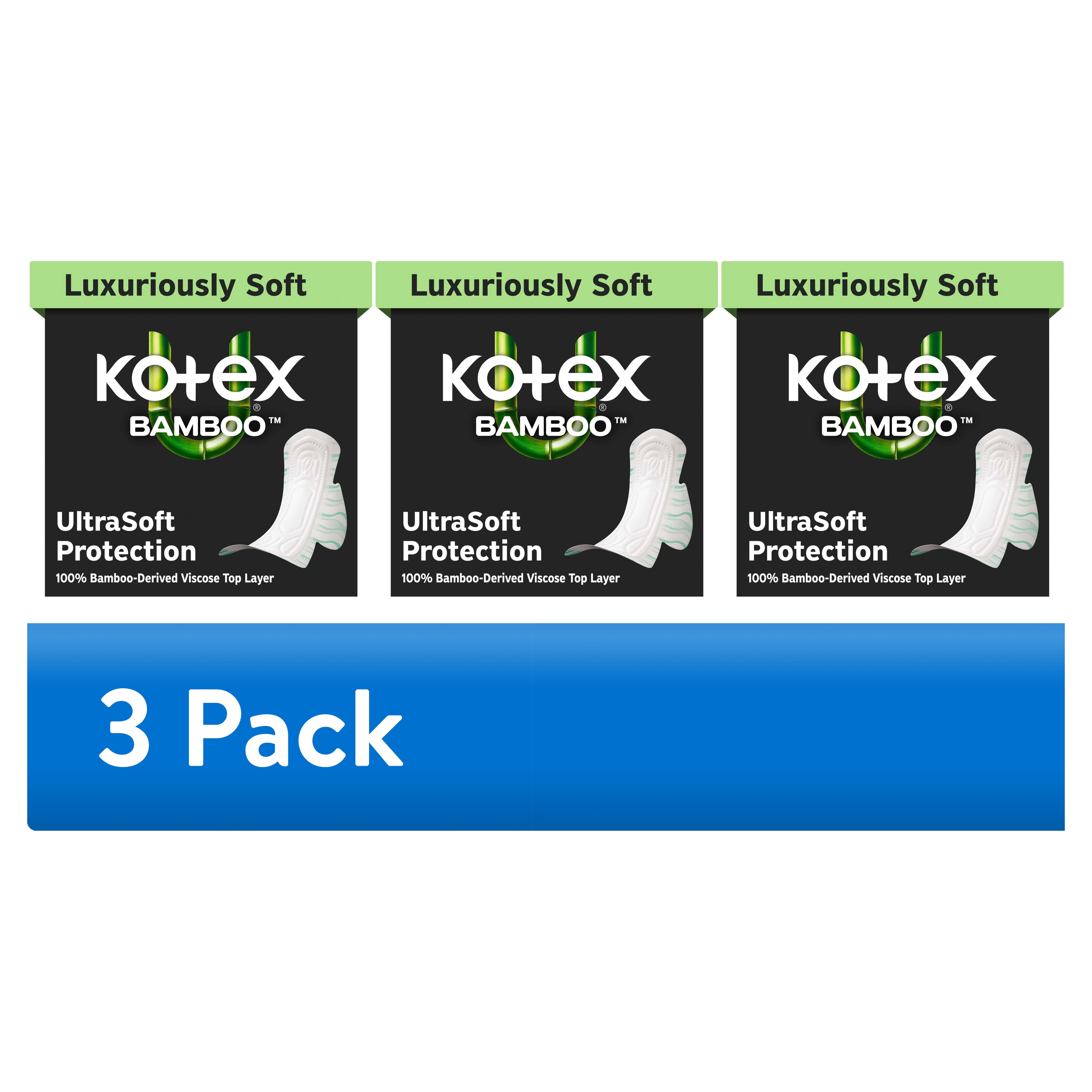 (3 pack) Kotex Bamboo Ultra Thin Period Pads with Wings, Heavy Absorbency, 30 Count