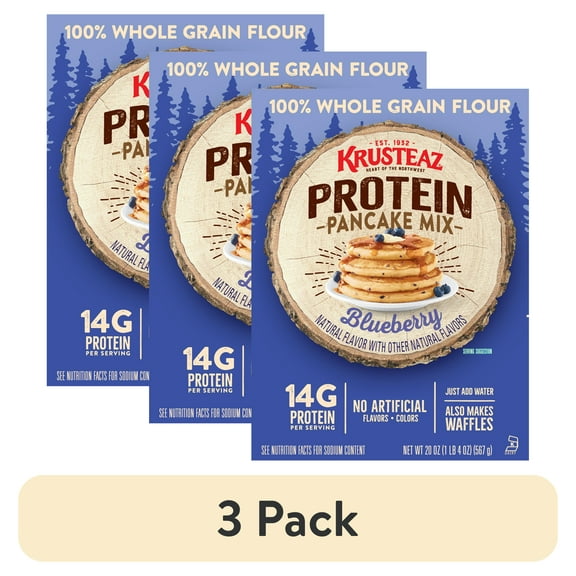 (3 pack) Krusteaz Protein Blueberry Pancake and Waffle Mix, 14g Protein per Serving, 20 oz Box