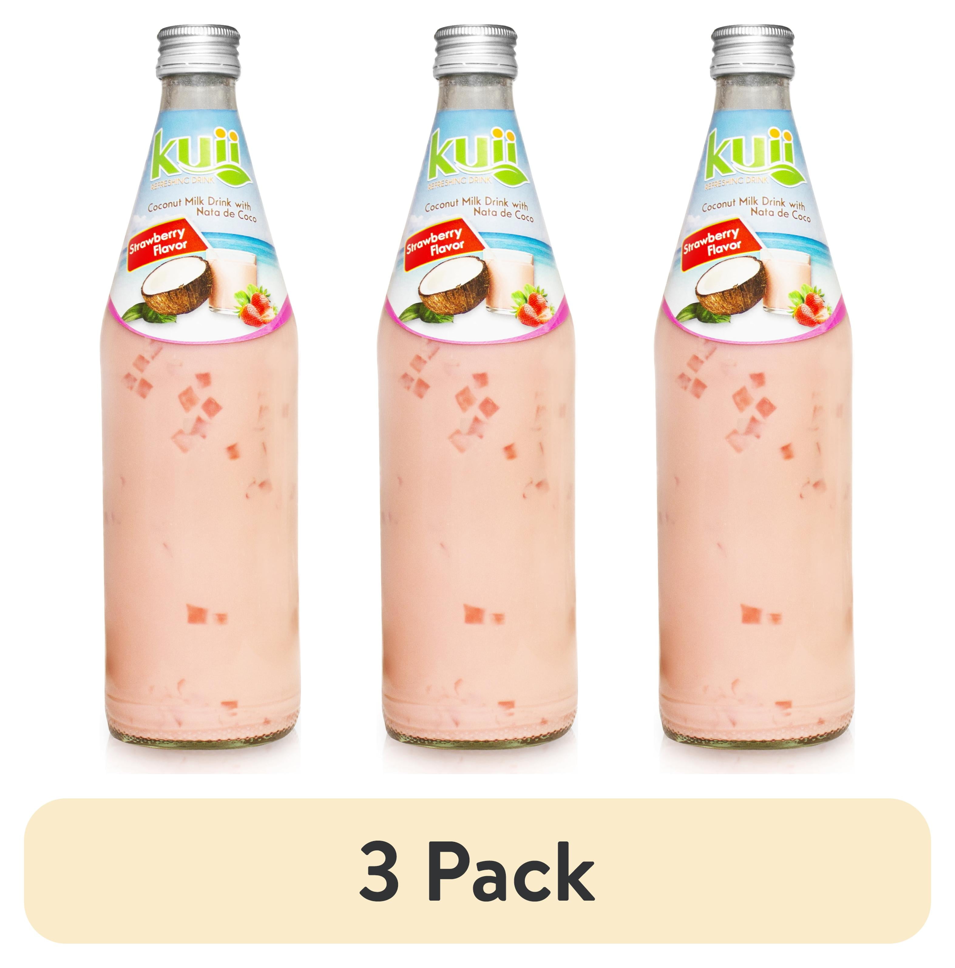 (3 pack) Kuii Drinks Coconut Milk with Nata de Coco, Strawberry, 485 mL Single Glass Bottle