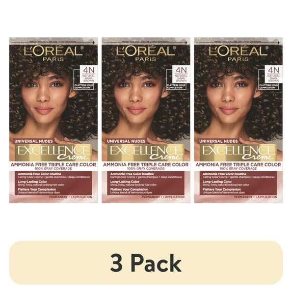 (3 pack) L'Oréal Paris Excellence Universal Nudes Adult Permanent Hair Color, 4N Natural Dark Brown, 1 Kit