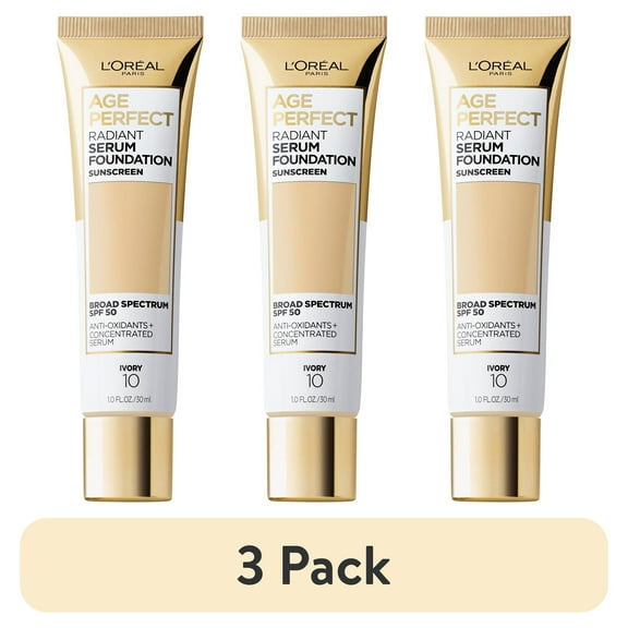 (3 pack) L'Oreal Paris Age Perfect Radiant Serum Foundation Makeup, 10 Ivory, 1 fl oz