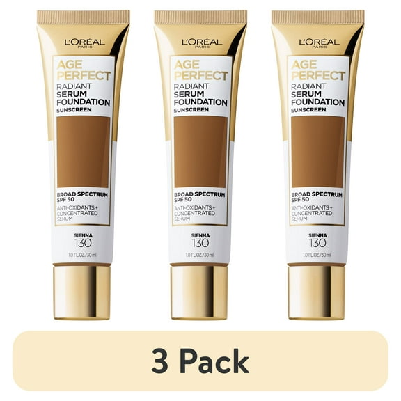 (3 pack) L'Oreal Paris Age Perfect Radiant Serum Foundation Makeup, 130 Sienna, 1 fl oz