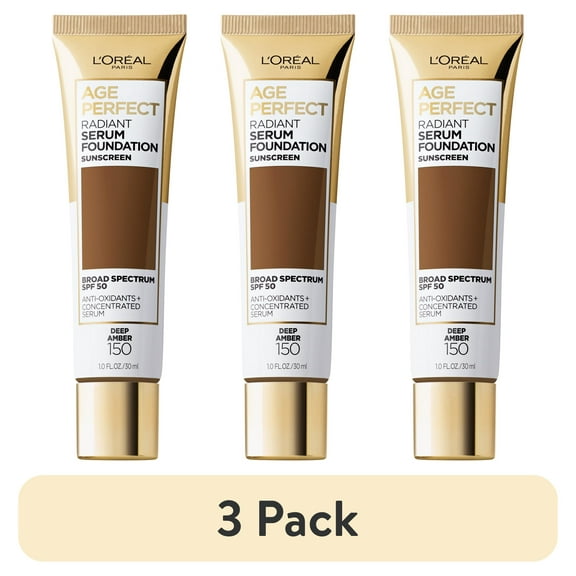 (3 pack) L'Oreal Paris Age Perfect Radiant Serum Foundation Makeup, 150 Deep Amber, 1 fl oz