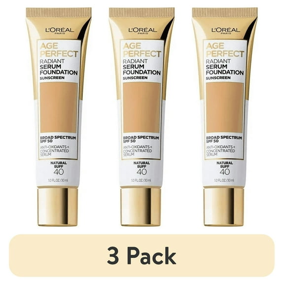 (3 pack) L'Oreal Paris Age Perfect Radiant Serum Foundation Makeup, 40 Natural Buff, 1 fl oz