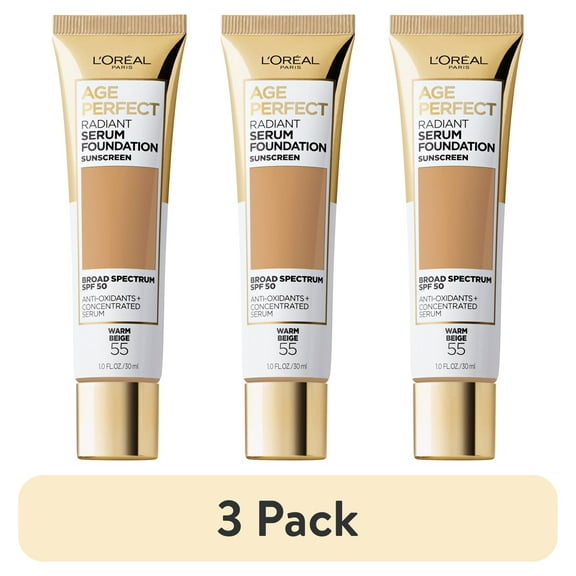 (3 pack) L'Oreal Paris Age Perfect Radiant Serum Foundation Makeup, 55 Warm Beige, 1 fl oz