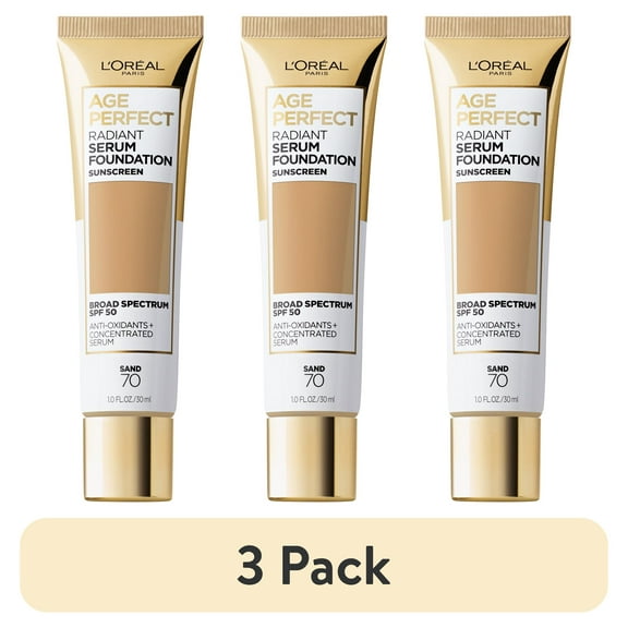 (3 pack) L'Oreal Paris Age Perfect Radiant Serum Foundation Makeup with SPF 50, 70 Sand, 1 fl oz