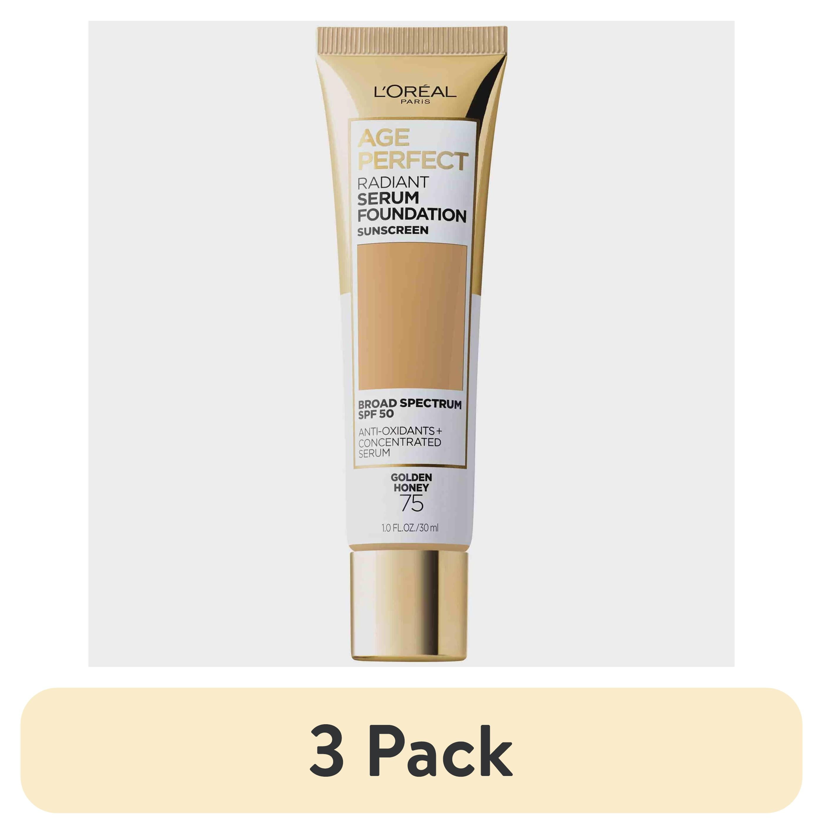 (3 pack) L'Oreal Paris Age Perfect Radiant Serum Foundation Makeup, 75 Golden Honey, 1 fl oz
