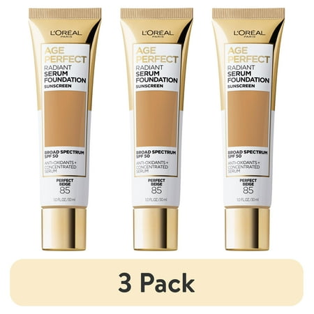 (3 pack) L'Oreal Paris Age Perfect Radiant Serum Foundation Makeup, 85 Perfect Beige, 1 fl oz