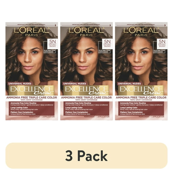 (3 pack) L'Oreal Paris Excellence Universal Nudes Permanent Hair Color, 5N Natural Brown, 1 kit
