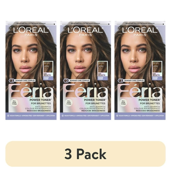 (3 pack) L'Oreal Paris Feria Toner, Long Lasting Anti-Brass Vegan Formula, Chemical Hair Dye, Unisex, Iced Brunette, 1 Kit