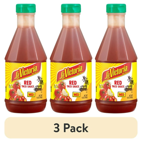 (3 pack) LA VICTORIA Red Taco Sauce, Medium, Shelf-Stable, 15 oz Plastic Bottle