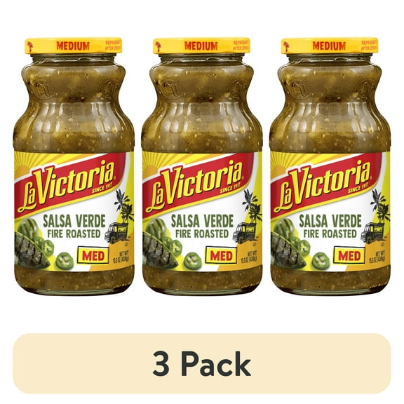 (3 pack) LA VICTORIA Salsa Verde Fire Roasted, Medium, Shelf Stable, 15.5 oz Glass Jar