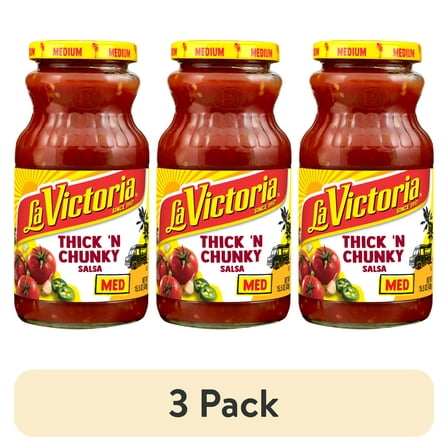 (3 pack) LA VICTORIA Thick 'N Chunky Salsa, Medium, Shelf-Stable, 15.5 oz Glass Jar