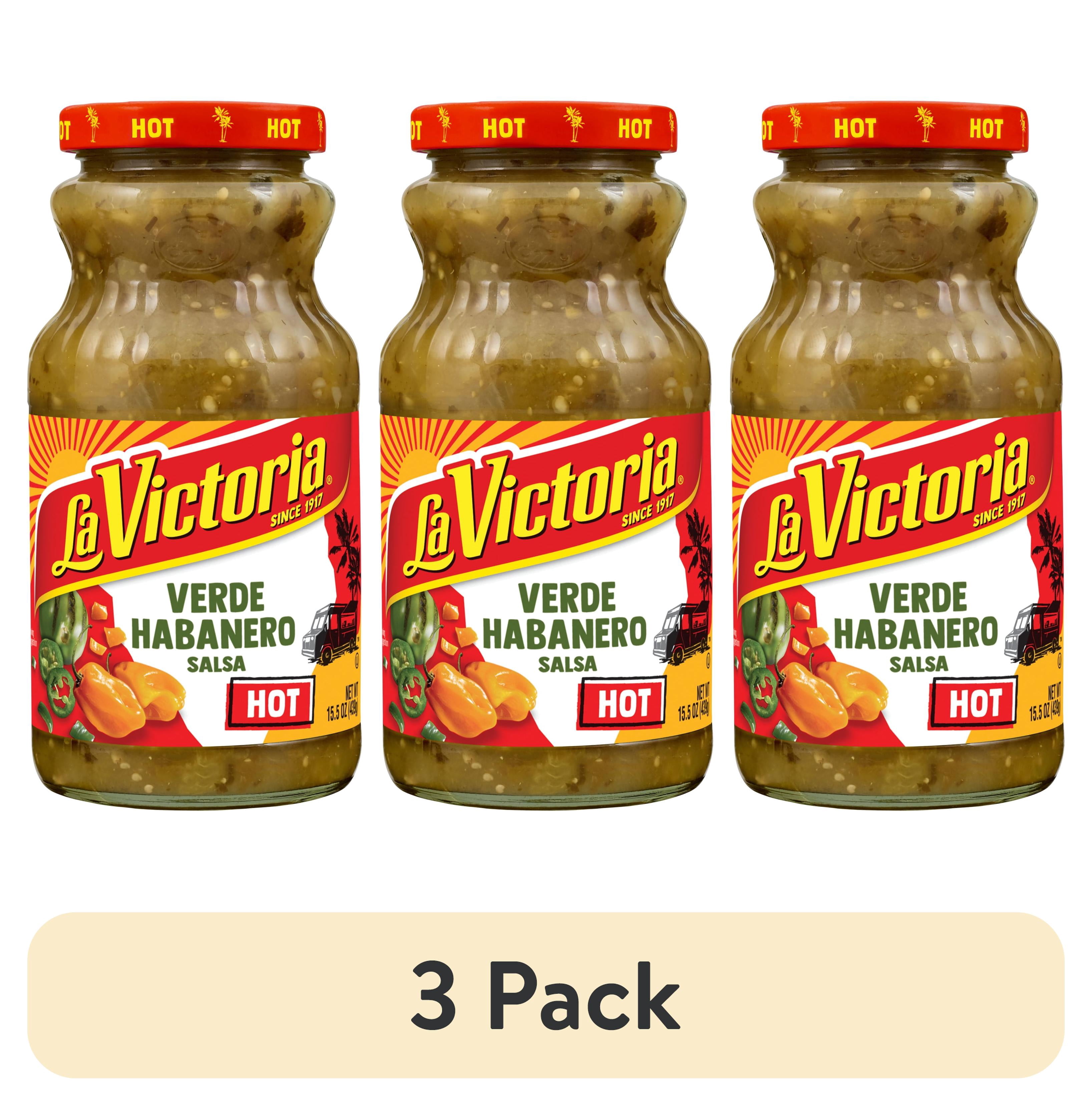 (3 pack) LA VICTORIA Verde Habanero Salsa Hot, Tortilla Chip Dip, Shelf Stable, 15.5 oz Glass Bottle