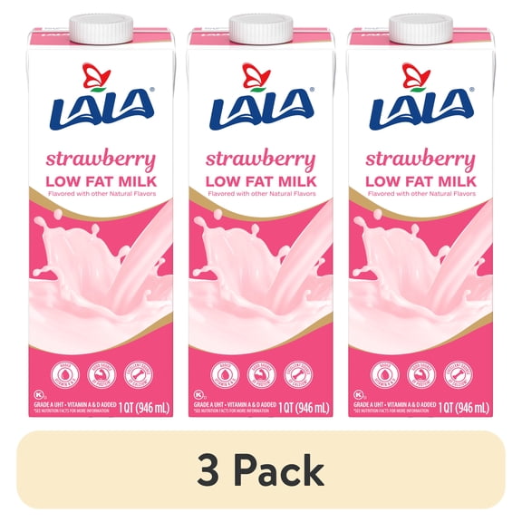 (3 pack) LALA Low Fat Milk, Strawberry, Shelf-Stable, 1 qt