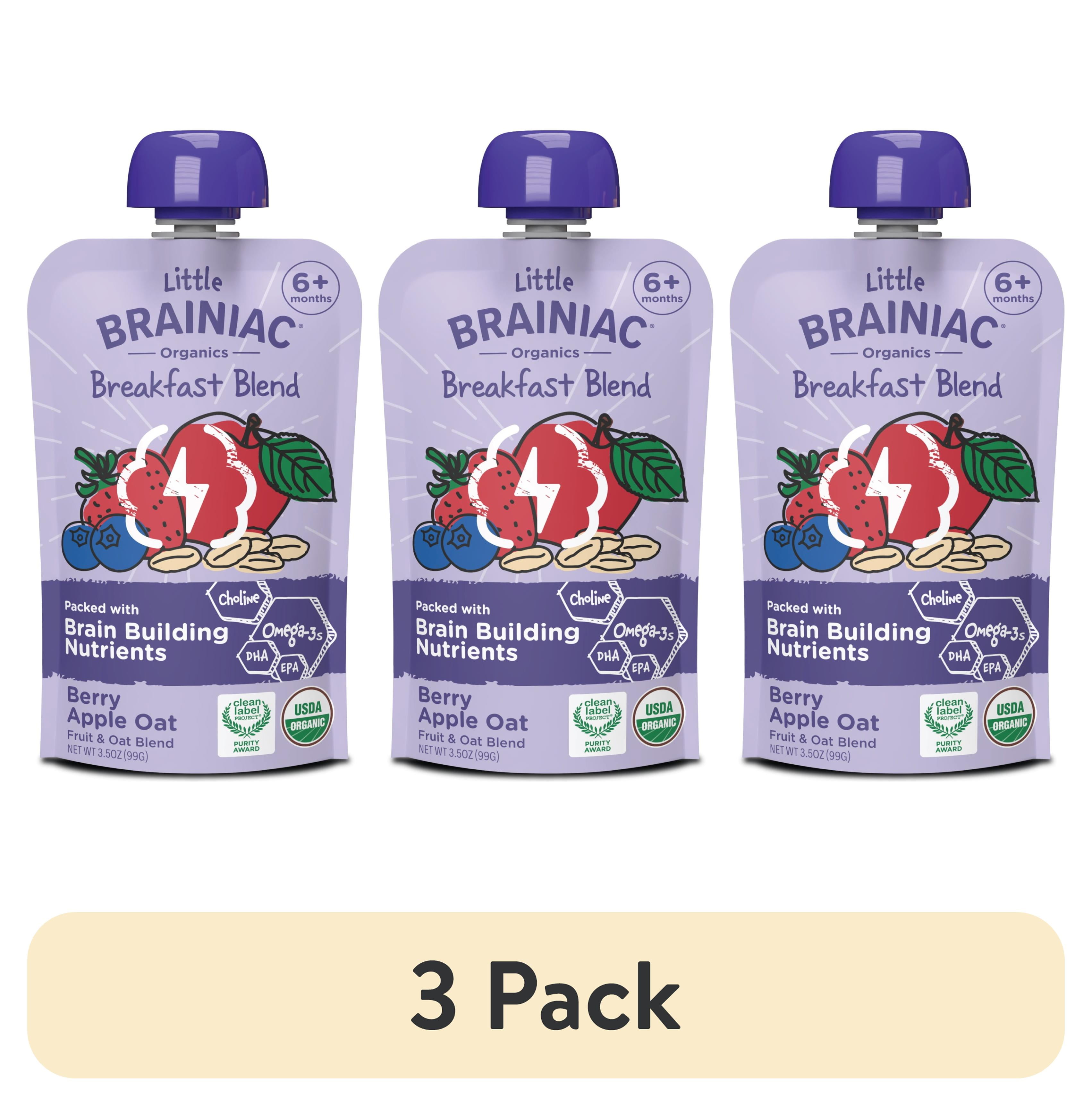 (3 pack) Little Brainiac Organic Fruit & Oat Toddler Food with BrainPack, Berry Apple Oat, 3.5oz