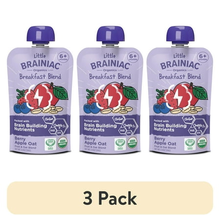 (3 pack) Little Brainiac Organic Fruit & Oat Toddler Food with BrainPack, Berry Apple Oat, 3.5oz