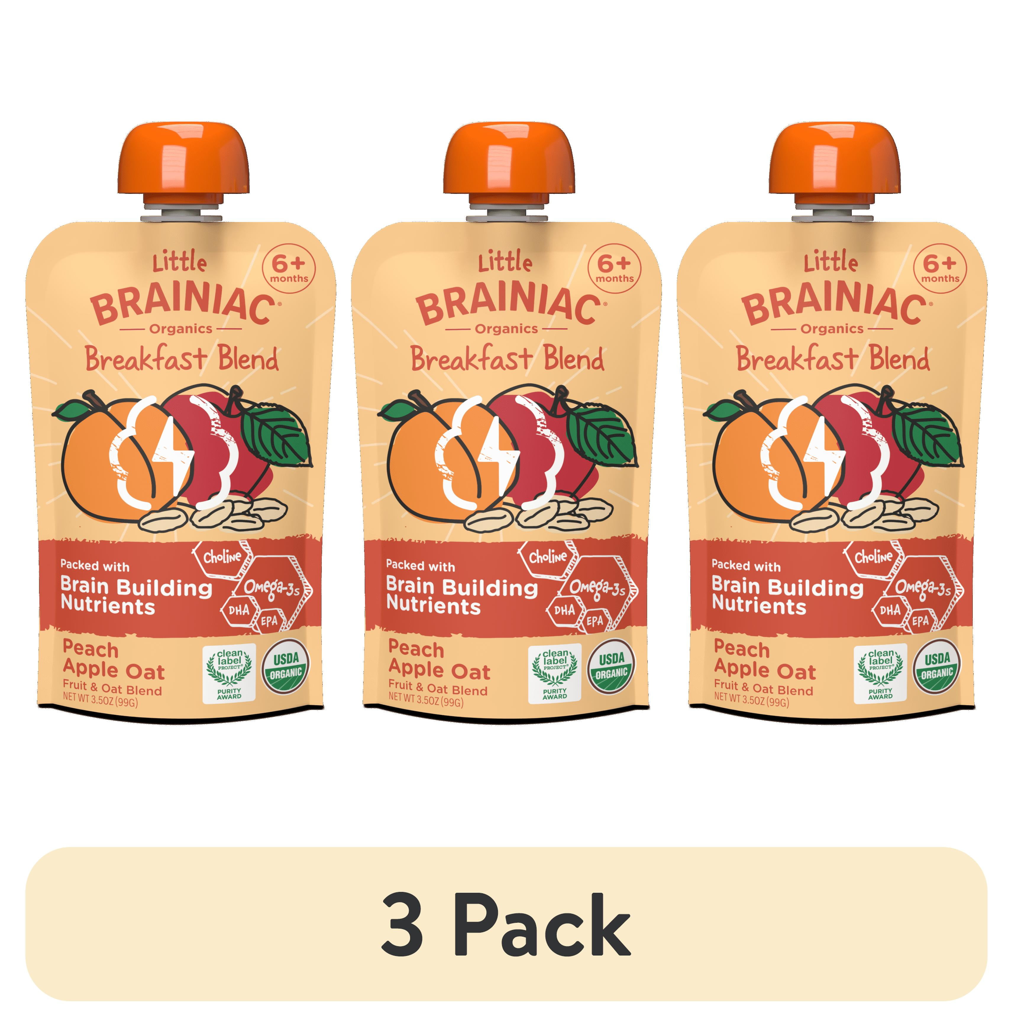 (3 pack) Little Brainiac Organic Fruit & Oat Toddler Food with BrainPack, Peach Apple Oat, 3.5oz