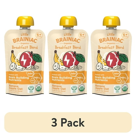 (3 pack) Little Brainiac Organic Fruit & Oat Toddler Food with BrainPack, Banana Apple Oat, 3.5oz