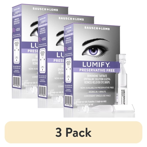 (3 pack) LUMIFY Preservative Free Redness Reliever Eye Drops, For Whiter and Brighter Looking Eyes, 20 Single Use Vials