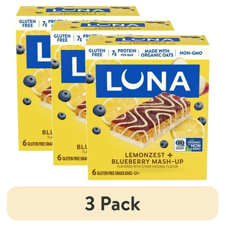 (3 pack) LUNA LemonZest + Blueberry Flavor Gluten Free Snack Bars, Protein Bars, 6Count