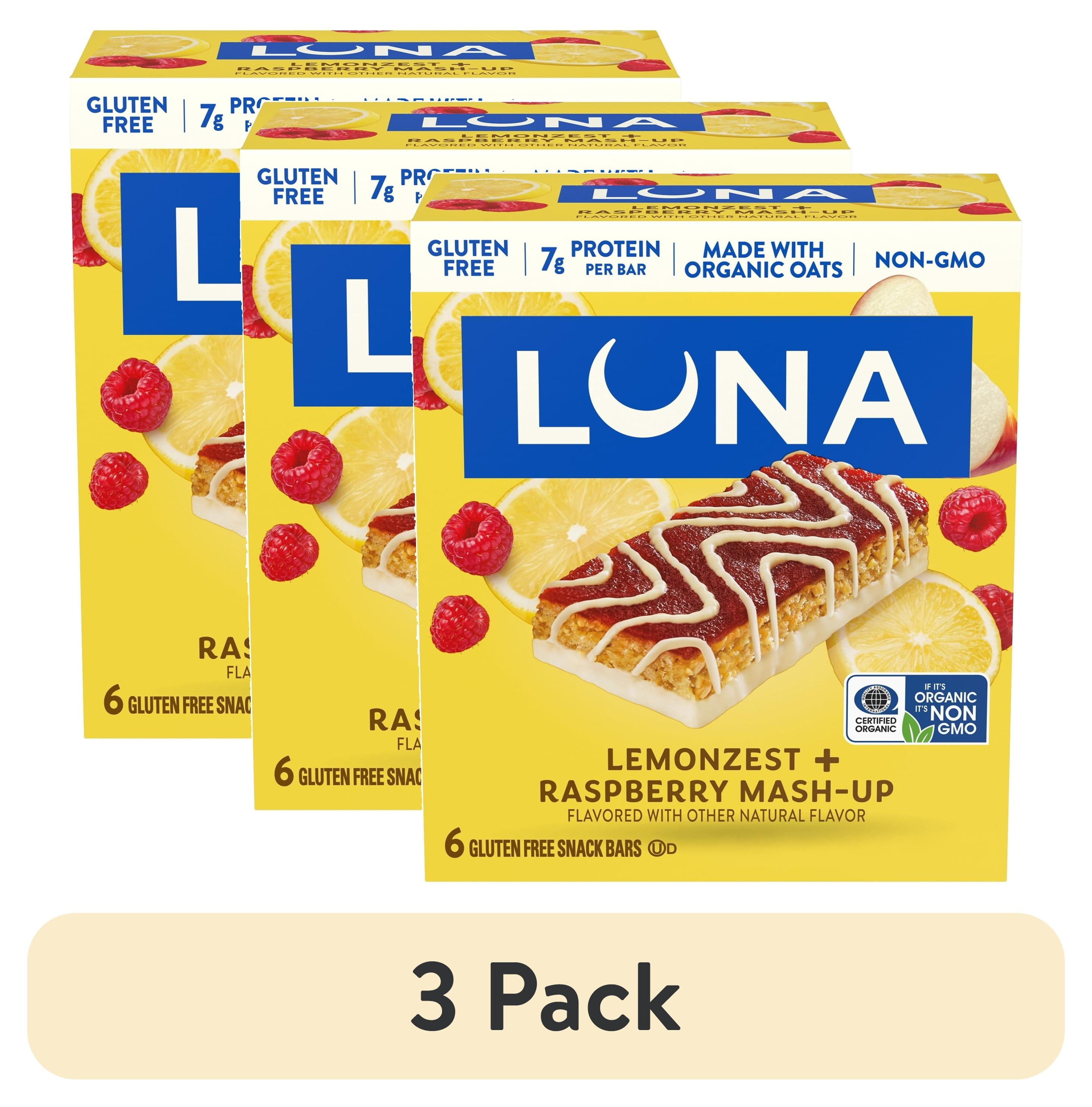 (3 pack) LUNA LemonZest + Raspberry Flavor Gluten Free Snack Bars, Protein Bars, Mother's Day Gift, 6 count