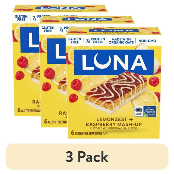 (3 pack) LUNA LemonZest + Raspberry Flavor Gluten Free Snack Bars, Protein Bars, 6Count