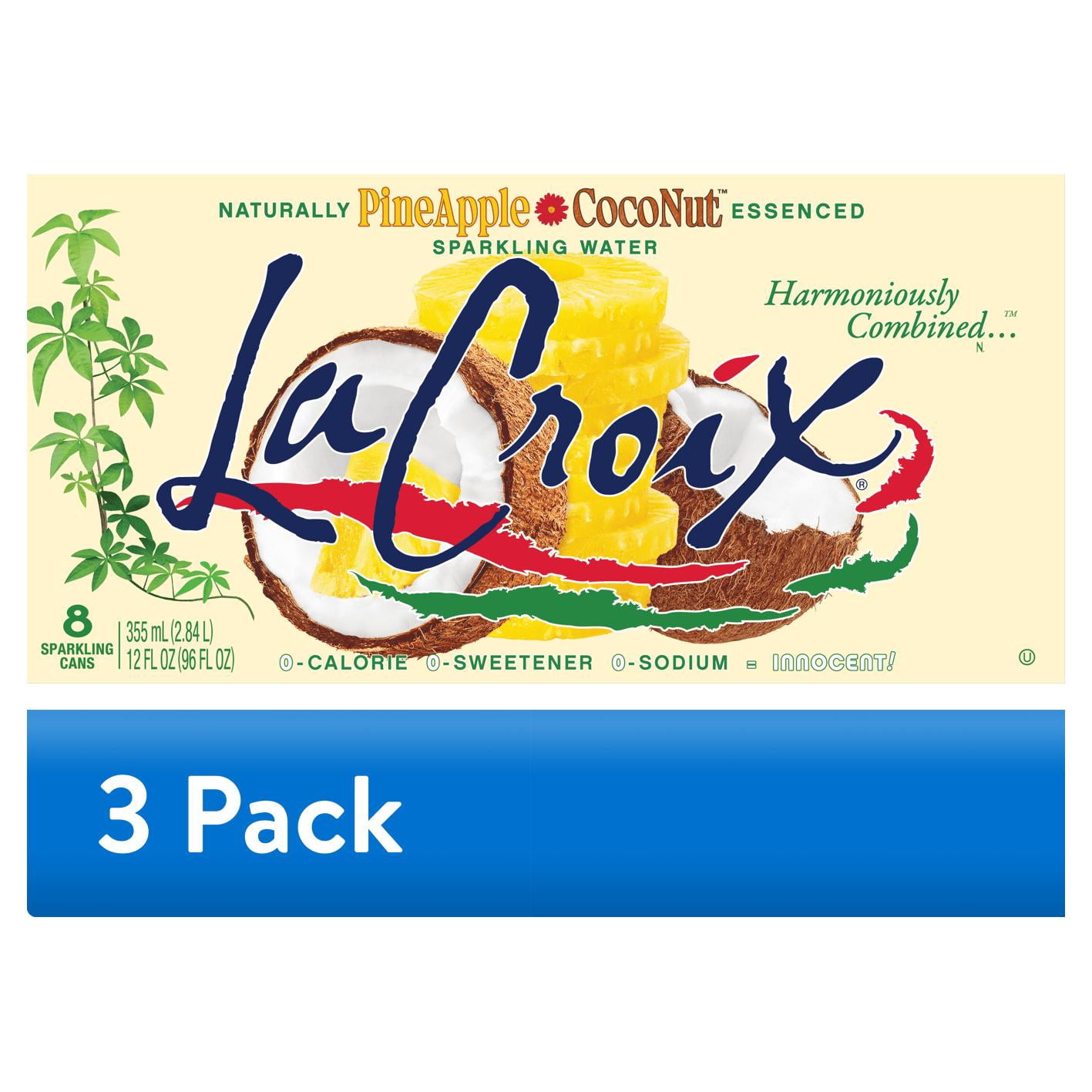 (3 pack) LaCroix PineApple CocoNut, Sparkling Water, 8 Pack, 12 oz Cans