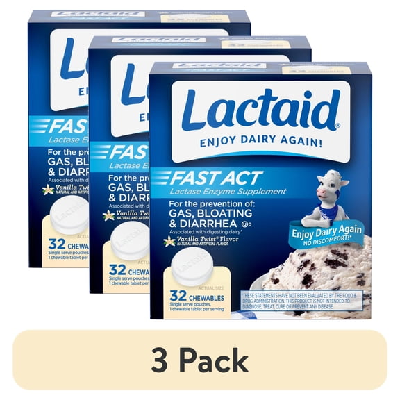 (3 pack) Lactaid Fast Act Lactose Relief Chewables, Vanilla, 32 Packs of 1 Count