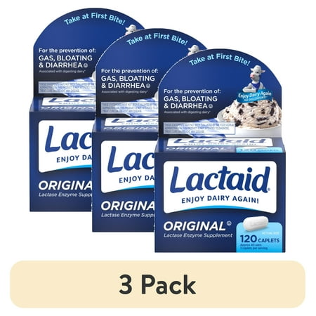 (3 pack) Lactaid Original Strength 9000 FCC Lactase Enzyme Caplets, Lactose Intolerance, 120 Count