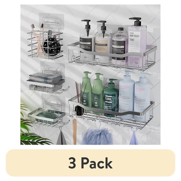 (3 pack) Lammaloe Adhesive Steel Shower Caddy Organizer,  Rustproof Shower Caddy Bathroom Organizer 5 Pack, Silver Chrome