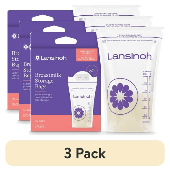 (3 pack) Lansinoh Breastmilk Storage Bags, 50 Count, Baby Essentials, Fast Freeze & Thaw Breast Milk Bags for Baby Bottle Feeding, Superior Strength & Stretch, 6 Ounce