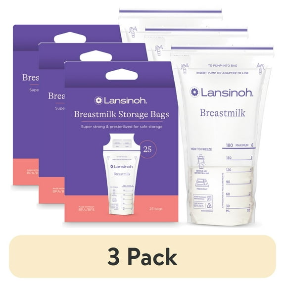 (3 pack) Lansinoh Breastmilk Storage Bags, Fast Freeze and Thaw, 25 Count, Baby Essentials, 6oz
