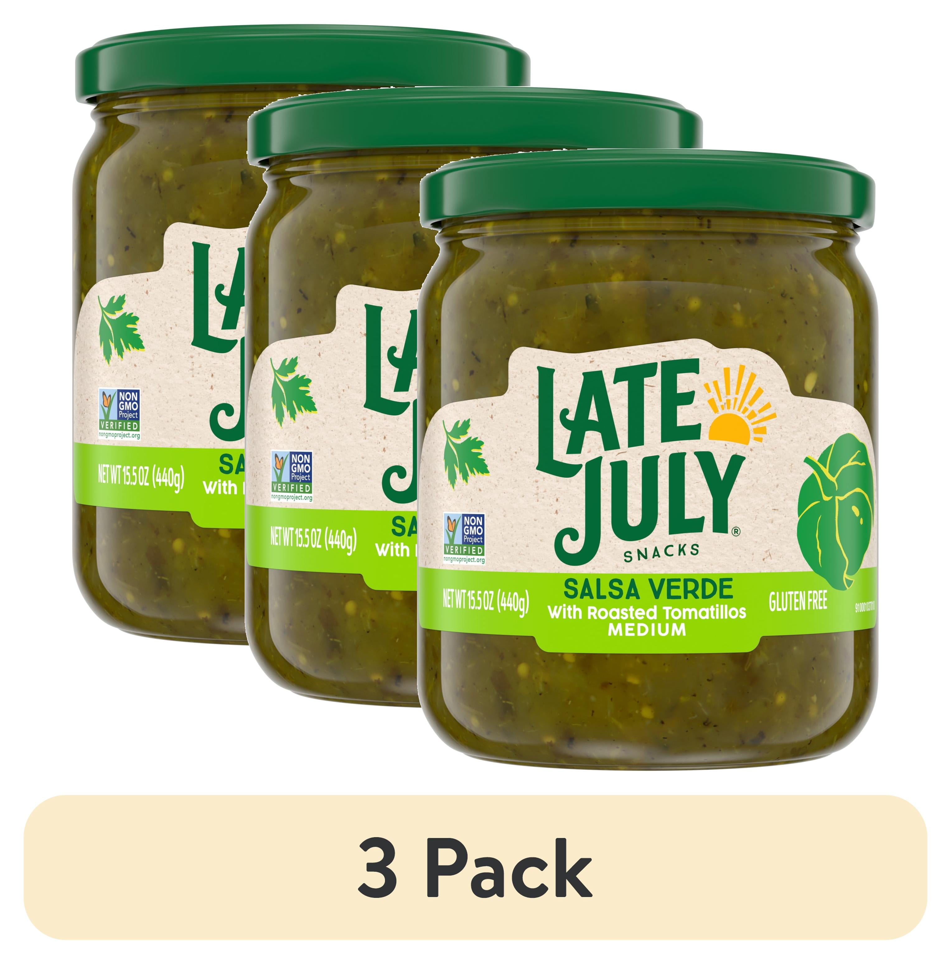 (3 pack) Late July Snacks Salsa Verde with Roasted Tomatillos, Medium, 15.5 oz Jar