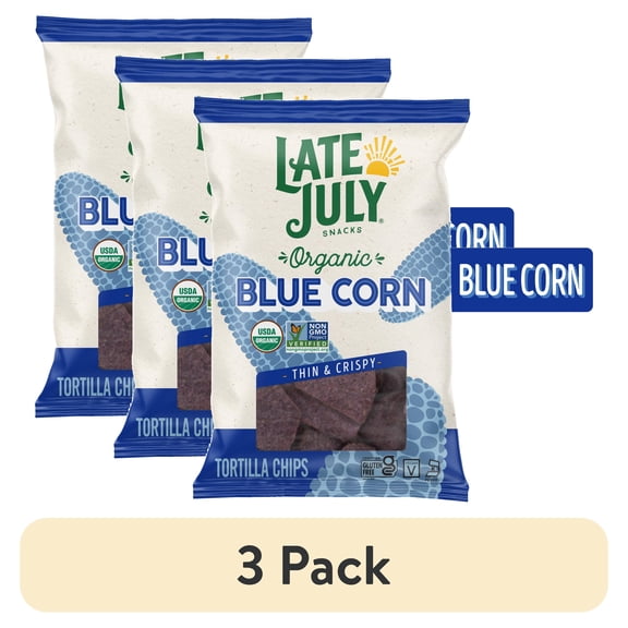 (3 pack) Late July Blue Corn Organic Tortilla Chips, 10.1 oz Bag