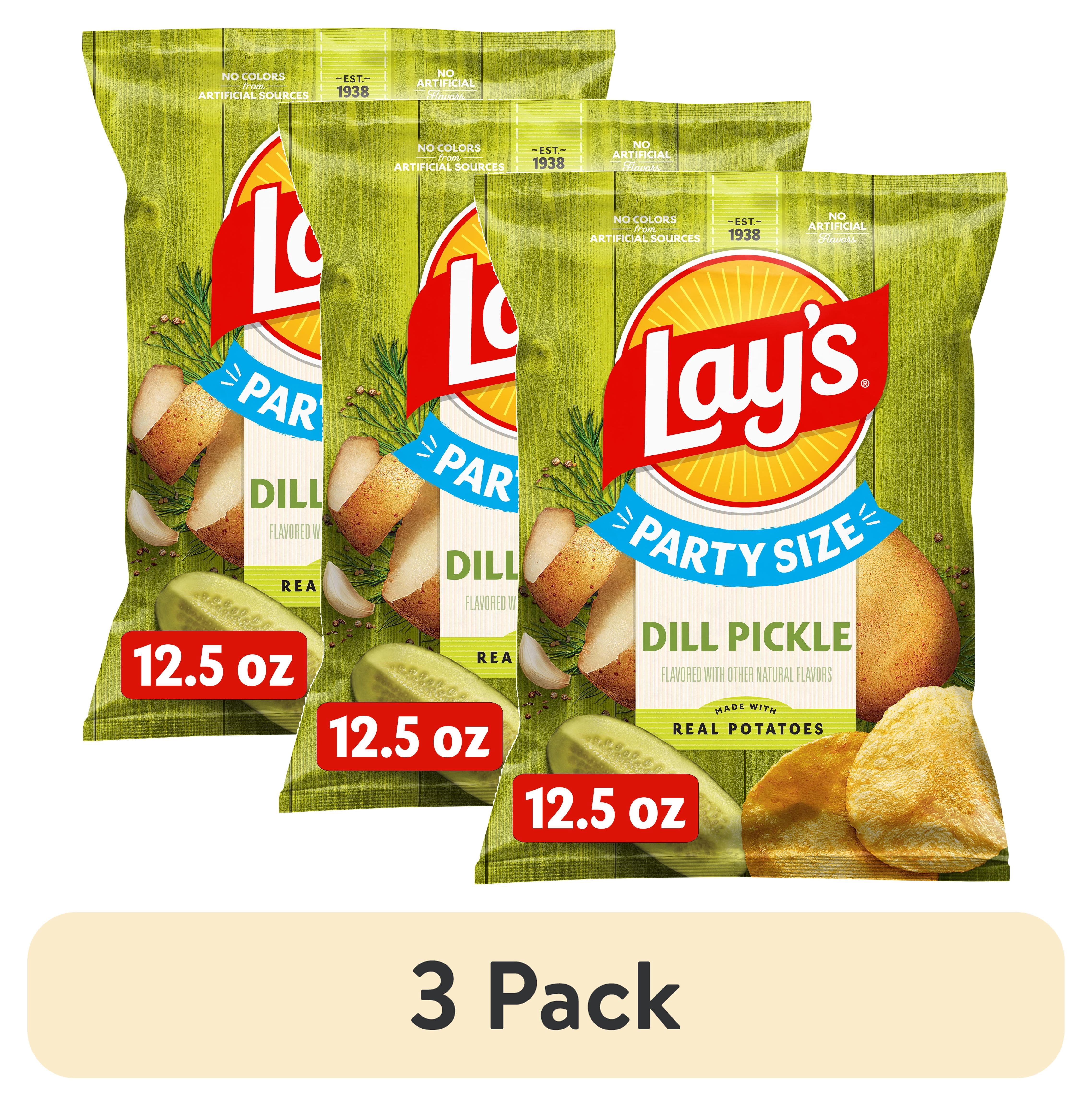 (3 pack) Lay's Dill Pickle Flavored Potato Chips, Party Size, 12.5 oz Bag