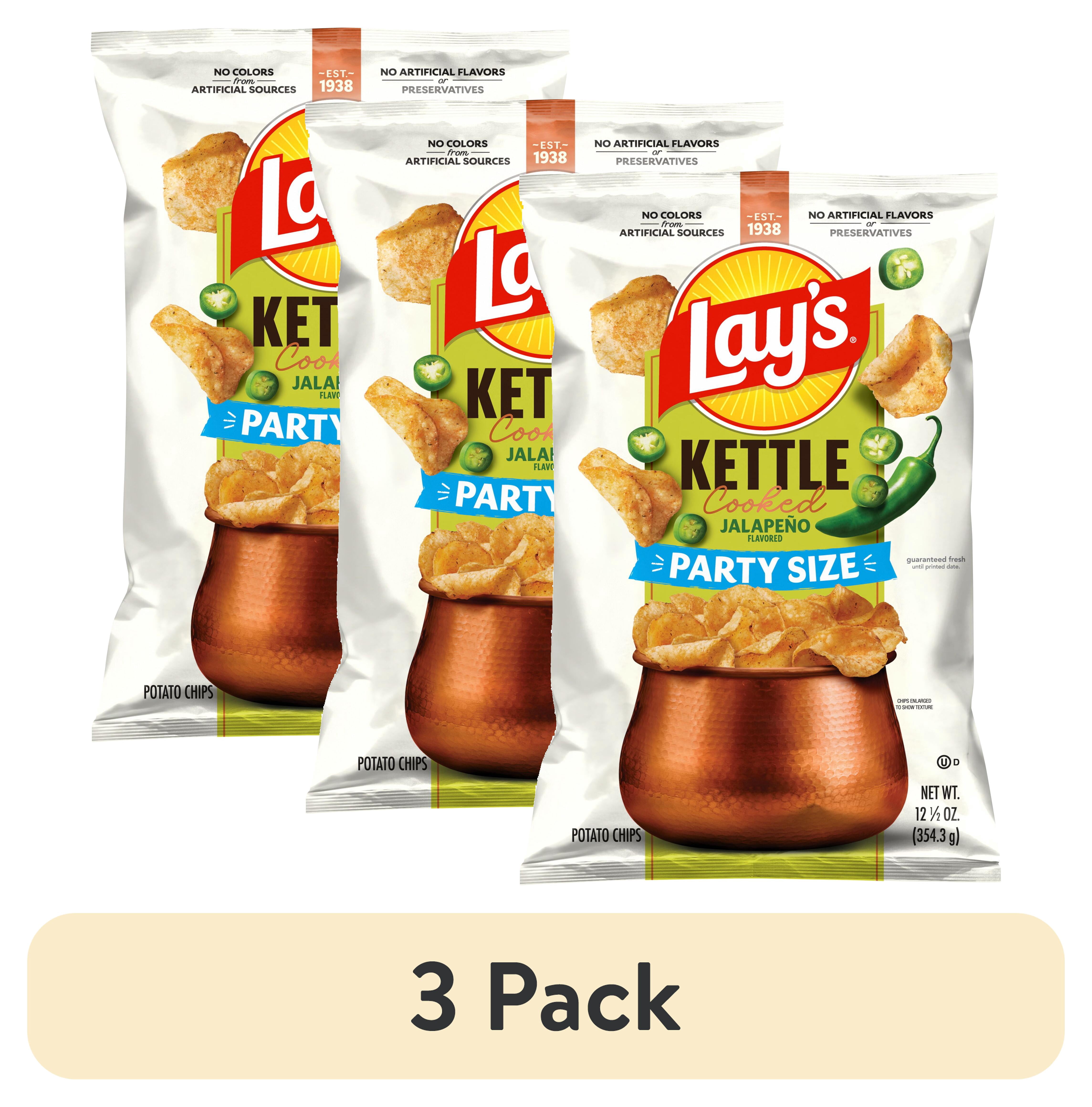 (3 pack) Lay’s Jalapeno Kettle Cooked Potato Chips Party Size Bag, 12.5 oz