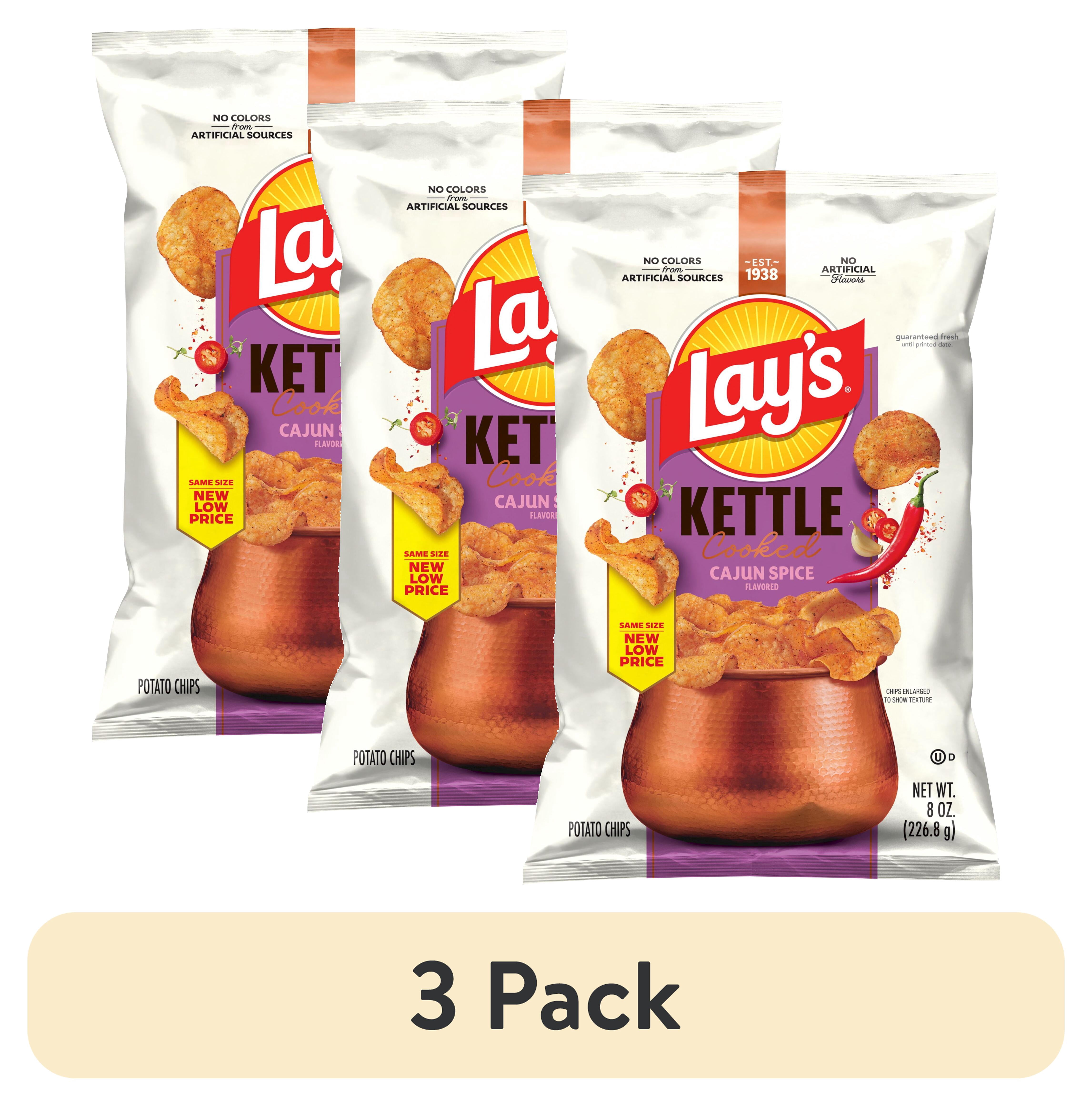 (3 pack) Lay’s Cajun Spice Kettle Cooked Potato Chips Bag, 8 oz