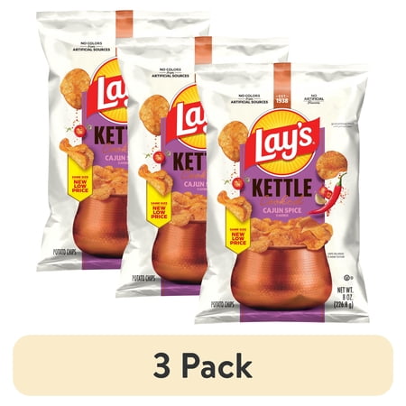 (3 pack) Lay’s Cajun Spice Kettle Cooked Potato Chips Bag, 8 oz