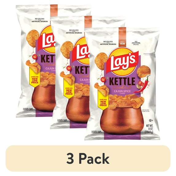 (3 pack) Lay’s Cajun Spice Kettle Cooked Potato Chips Bag, 8 oz