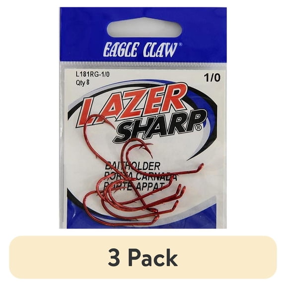 (3 pack) Lazer Sharp L181RGH-1/0 Baitholder Down Eye Offset Hook, Red, Size 1/0, 8 Pack