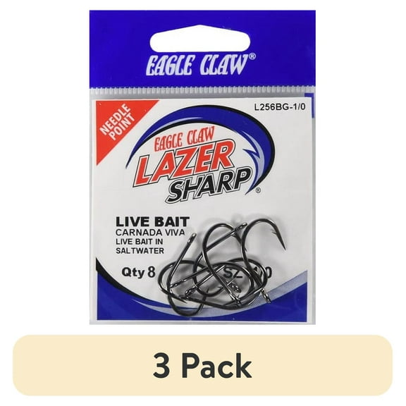 (3 pack) Lazer Sharp L256BGH-1/0 Short Shank Live Bait Hook, Black, Size 1/0, 8 Pack