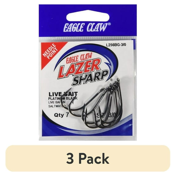 (3 pack) Lazer Sharp L256BGH-3/0 O'Shaughnessy Live Bait Hook, Black, Size 3/0, 7 Pack