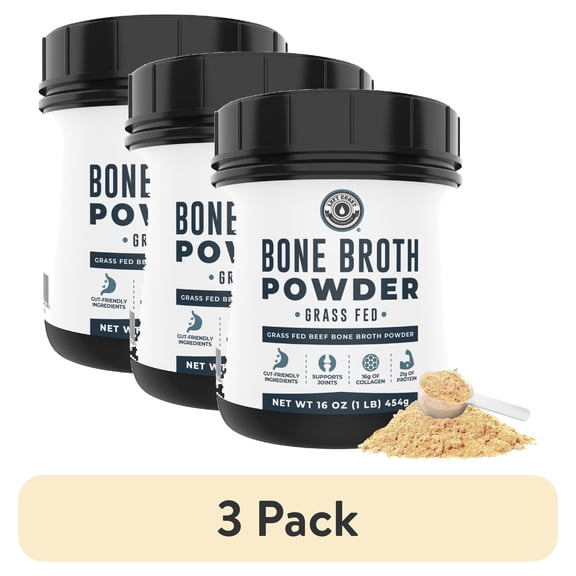 (3 pack) Left Coast Performance Grass Fed Beef Bone Broth Protein Powder with Collagen for Joint Support, 16 oz