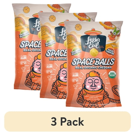 (3 pack) LesserEvil Organic Non-Dairy Space Balls, Interstellar Cheddar, 5 oz