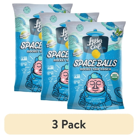 (3 pack) LesserEvil Space Balls, Organic Corn Puffs, Ranch RocketShip, 5 oz