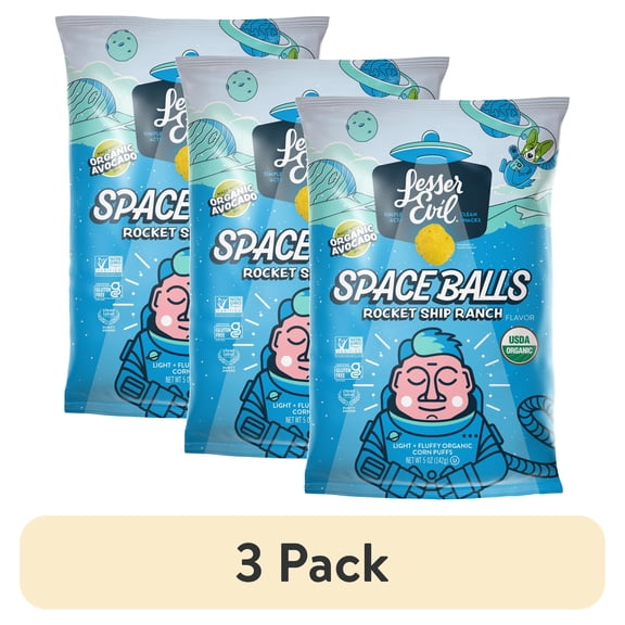 (3 pack) LesserEvil Space Balls, Organic Corn Puffs, Ranch RocketShip, 5 oz