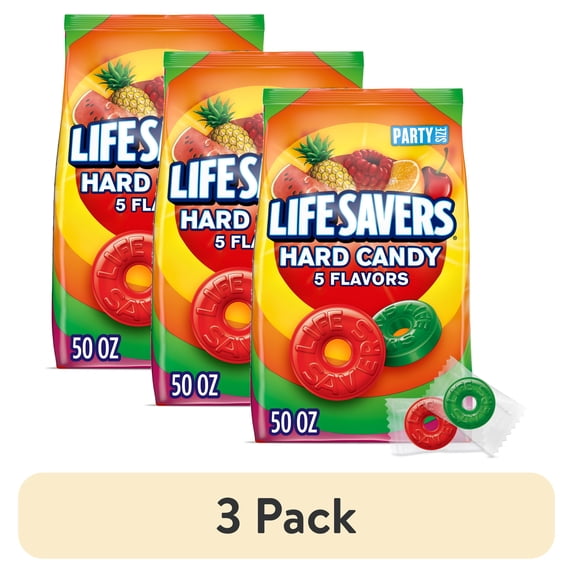 (3 pack) LIFE SAVERS Hard Candy, 5 Flavors Individually Wrapped Fruit Candy, Party Size, 50 oz Bag