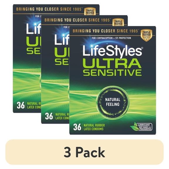 (3 pack) LifeStyles Ultra Sensitive Lubricated Natural Latex Condoms, 36 Count
